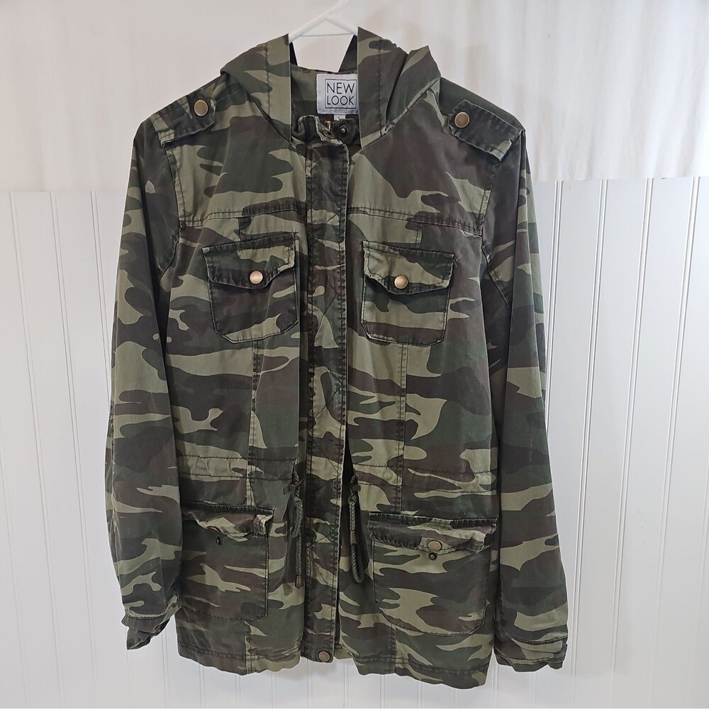 NEW LOOK Jacket L Womens Camo Green Utility Chore Parka Cinch Waist L